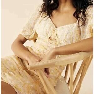 FREE PEOPLE Tessa Dress Tea Yellow Floral Combo Ruched Mini Dress